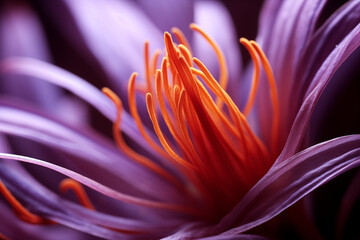 Close up of Bahraman saffron flower pistil under macro lens. Macro photography