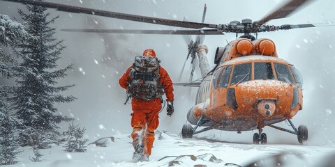 Search and rescue work in the mountains. A man in a red suit against the background of a red rescue helicopter. Aerial hero in mountain forests.