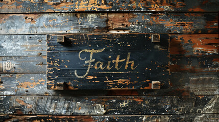 "Faith" written in graceful chalk script on a chalkboard lying on an antique wooden table with a worn