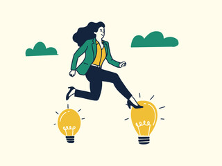 Businesswoman runs and jumps from small target goal to reach bigger target goal achievement flat style design vector illustration. Career growth and change to bigger idea or plan B vector illustration