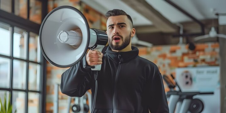 A young fitness trainer in a black tracksuit uses a megaphone to announce discounts in a home gym. Concept Fitness Trainer, Megaphone Announcement, Home Gym, Black Tracksuit, Discounts