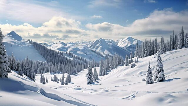 A breathtaking winter landscape where a snow-covered mountain stands tall, surrounded by lush trees in the foreground, Winter scene at a ski resort, AI Generated