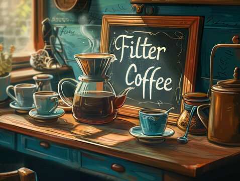 "Filter Coffee" in classic chalk font on a chalkboard set on an old-school diner table with a steaming pot of filter coffee and classic mugs