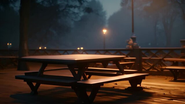 A photo capturing a picnic table illuminated by the night sky on a rustic wooden deck, Wooden table on the background of the evening foggy park, AI Generated