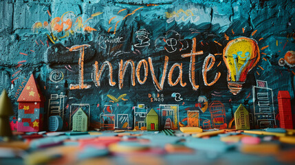"Innovate" chalked in a creative flowing script on a chalkboard