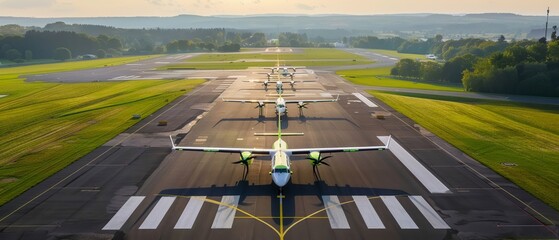 Electric cargo planes take off from a green airport setting new standards in sustainable air transport - obrazy, fototapety, plakaty