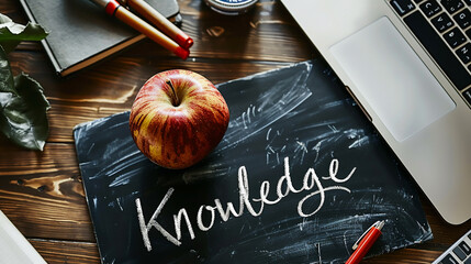 "Knowledge" artistically inscribed on a chalkboard lying on a sleek