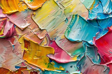 Closeup of abstract colorful rough multicolored oil paint texture on canvas, artistic background