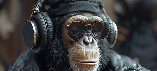 chimpanzee with headphone, AI generated
