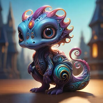 Enchanting Colorful Creature in Magical Castle Landscape with Intricate Designs and Big Eye
