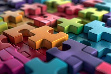 Close up of colorful puzzle blocks, problem solving and logical thinking concept, 3D illustration - obrazy, fototapety, plakaty