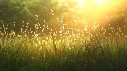 Warm sunlight bathes a grassy field at sunset