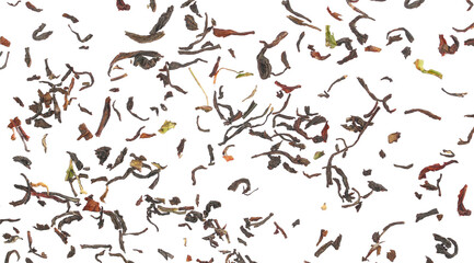Black Darjeeling tea dried leaves isolated on white, top view