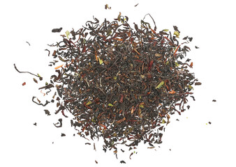 Black Darjeeling tea dried leaves isolated on white, top view