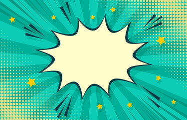 Green banner with speech bubble, dots and beams. Comic starburst pattern. Pop art halftone background. Superhero wow print. Cartoon retro sunburst effect. Vintage duotone texture. Vector illustration.