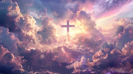 digital illustration of a cross surrounded by clouds, with a heavenly glow