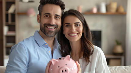 A smiling couple holds a pink piggy bank together in a cozy living room setting.
