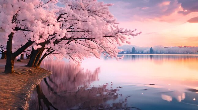 Lake with cherry blossoms footage video