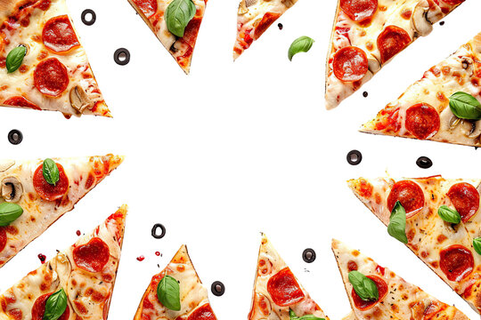 Pieces Of Pizza Traveling Border Frame Isolated On transparent - Powered by Adobe
