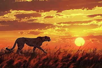 Cheetah stalking prey on savanna at sunset, digital wildlife art illustration