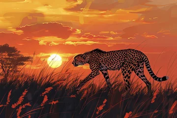 Foto op Canvas Cheetah stalking prey on savanna at sunset, digital wildlife art illustration © Lucija