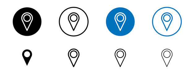 Map marker icon set. gps position pin vector sign. location pointer icon. pinpoint destination location icon in black and blue color.