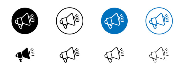 Megaphone icon set. Public announcement loudspeaker icon. Political advertisement promotion loud speaker symbol in black and blue color.