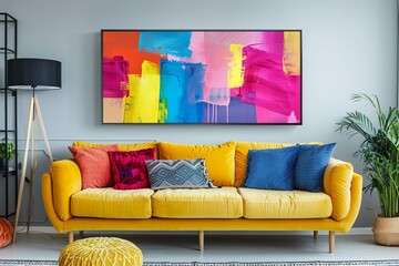 Cheerful and happy living room decor with colorful abstract painting, art mockup idea