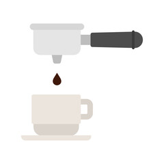 Portafilter, pouring strong coffee in cup. Coffee drop in cup filtering cooping portafilter. Vector illustration in flat style.