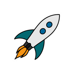 Rocket space ship. Space rocket launch with fire. Business start up concept.