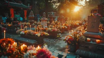 Papier Peint photo Lavable Chocolat brun the scenic landscapes of cemeteries adorned with flowers and burning incense during Ching Ming festival