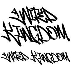 UNITED KINGDOM letter the country name on the world digital illustration graffiti handstyle signature symbol tags painting with black and white color