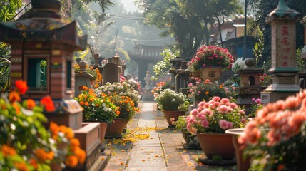Fototapeta na wymiar the scenic landscapes of cemeteries adorned with flowers and burning incense during Ching Ming festival
