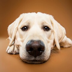 Beautiful labrador retriever dog isolated on brown background. looking at camera . front view. dog...