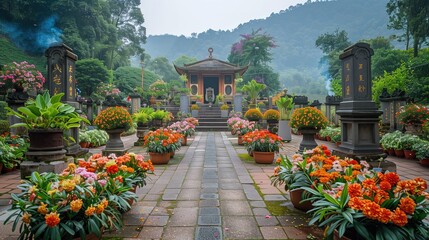 the scenic landscapes of cemeteries adorned with flowers and burning incense during Ching Ming festival - obrazy, fototapety, plakaty