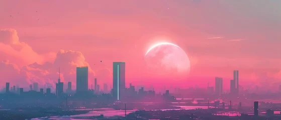 Muurstickers Dreamy minimal city under a vast pastel sky where the sun and moon create a unique sci fi inspired light show © Keyframe's
