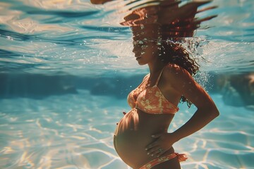 Underwater pregnant woman wearing swimsuit in deep pool - Powered by Adobe