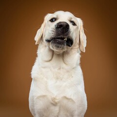 Beautiful labrador retriever dog isolated on brown background. looking at camera . front view. dog studio portrait.happy dog .dog isolated .puppy isolated .puppy closeup face,indoors.brown background