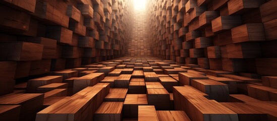 A 3D rendering of a hardwood maze with symmetrical patterns, tinted flooring, and a glowing light...