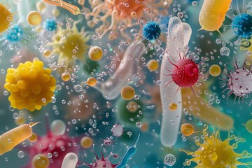 Viruses and bacteria seen under a microscope, magnified view in transparent liquid solution. - obrazy, fototapety, plakaty