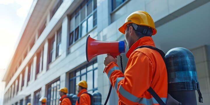 Workers evacuating office building during fire drill as firefighter uses megaphone to announce emergency evacuation. Concept Fire Drill, Evacuation Procedure, Emergency Preparedness