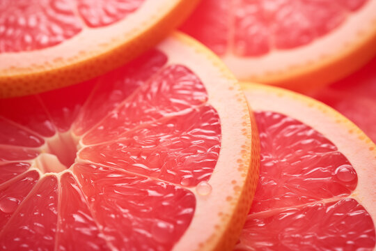 Close up fresh red grapefruit slices have amazing structures of the organic structure within that exhibits many vitamins and is good for health. Macro photography