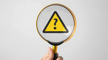 A hand holds a magnifying glass over a question mark sign.
