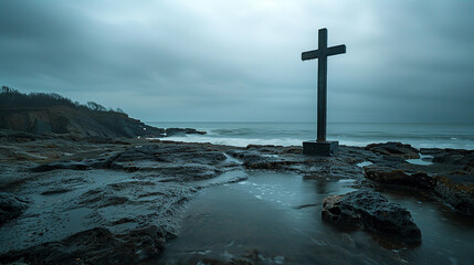 A Bible and a simple cross on a rocky shoreline the overcast sky creating a dramatic and moody atmosphere
