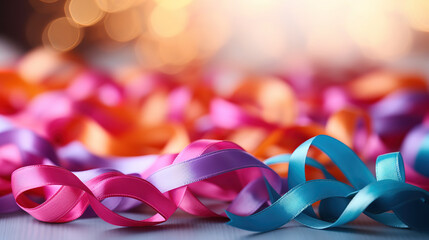 Various colorful awareness ribbon on pink background