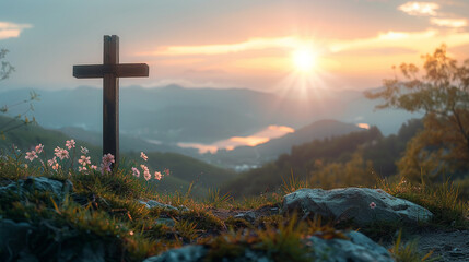 A Bible and wooden cross photographed with a serene mountain landscape in the background the early morning light casting a gentle glow