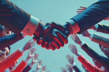 Businessmen shaking hands, closing deal, partnership agreement, business merger concept, low angle view, copy space, 3D render - obrazy, fototapety, plakaty