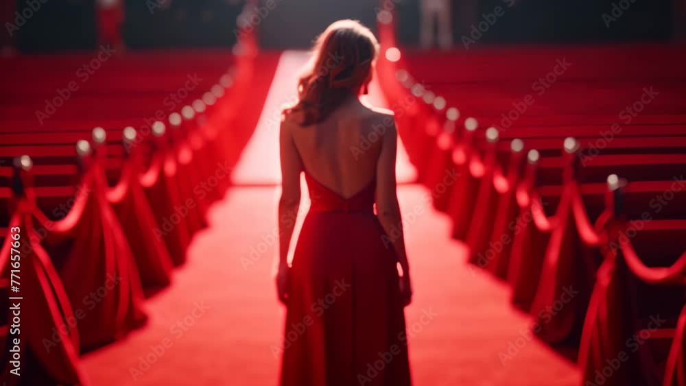 Sticker back view of beautiful young woman in red dress standing on red carpet, ai generated