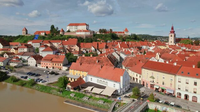 Aerial view of the Ptuj old town in summer, Slovenia
