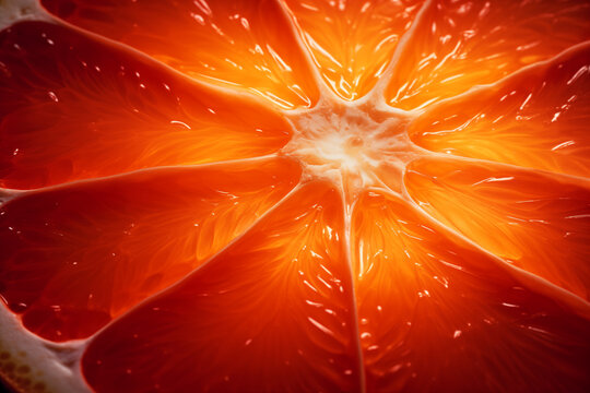 Close up red orange fruit slice has amazing structures of the organic structure within that exhibits many vitamins and is good for health. Macro photography
